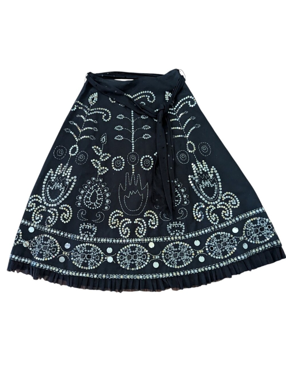 Anthropologie Basil & Maude Black hand-beaded sequined gypsy Boho flared skirt